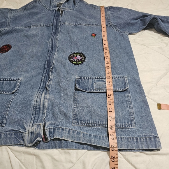 Bill Blass Vintage Hooded Jean Jacket With Novelty Patches Loosefit Womens Large - Picture 10 of 16